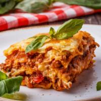 Beef Lasagna · Satisfying layers of pasta with fresh ground beef, Ricotta, Parmesan and Mozzarella cheeses ...