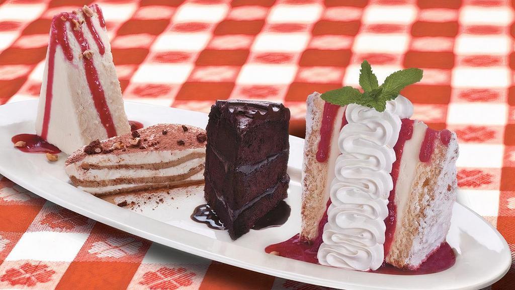 Dolce Platter · Why settle for just one? Tiramisu, Double Dark Chocolate Cake, Homemade Cheesecake and Italian Crème Cake.
