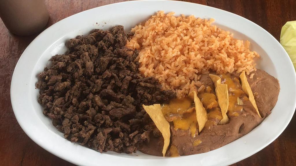 Carne Asada · A steak prepared mexican-style, topped with sautéed onions and bell peppers. Served with rice, beans, guacamole, pico de gallo and tortillas.