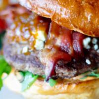 Ultimate Burger · 1/3 lb burger, Applewood smoked bacon, caramelized onion, tomato, lettuce, bleu cheese, barn...