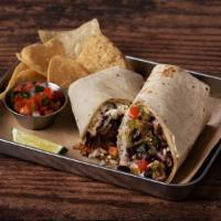 Asada Burrito · Carne asada burrito with rice, beans, pico de gallo, and salsa.