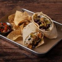 Pollo Burrito · Chicken burrito with rice, beans, pico de gallo, and salsa.