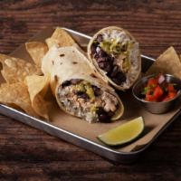 Carnitas Burrito · Carnitas burrito with rice, beans, pico de gallo, and salsa.