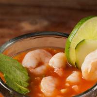 Coctel De Camaron · Shrimp in sweet sauce tossed with chopped tomatoes, onion, cilantro, and avocado. Camarones ...