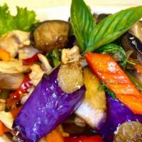 Pad Eggplant · Sautéed with eggplant, chili, garlic, bell, carrot, and basil.