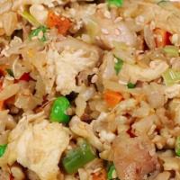 Chicken Fried Rice · Rice, peas, carrots, egg, scallions, chicken.