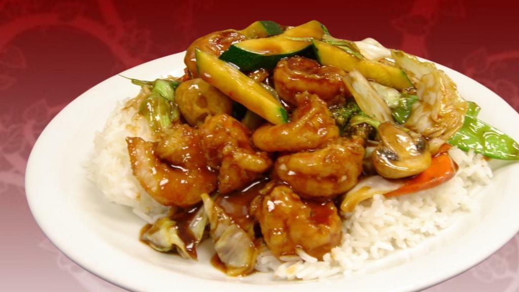 Mix Vegetable Shrimp · Stir-fried shrimp with our mix of vegetables consisting of cabbage, broccoli, mushroom, carrot, and zucchini.
