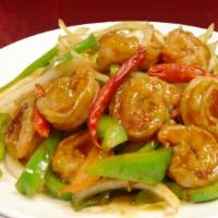 Szechuan Shrimp · Stir-fried shrimp with bell peppers and yellow onions in a savory and spicy sauce.  spicy