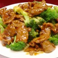 Broccoli Beef · Stir-fried beef with broccoli and carrots in a savory sauce.