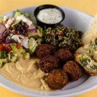 Vegetarian Plate · Vegetarian. Tabbouleh, chickpea falafel, spanakopita, hummus, Greek side salad, tzatziki, an...