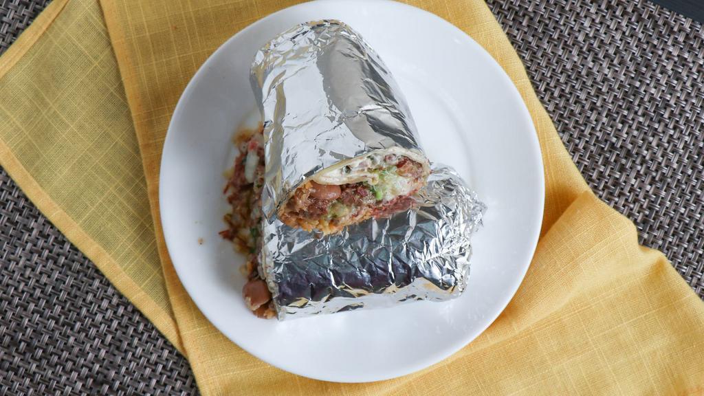 Regular Burrito · With , meat, rice, beans, salsa.