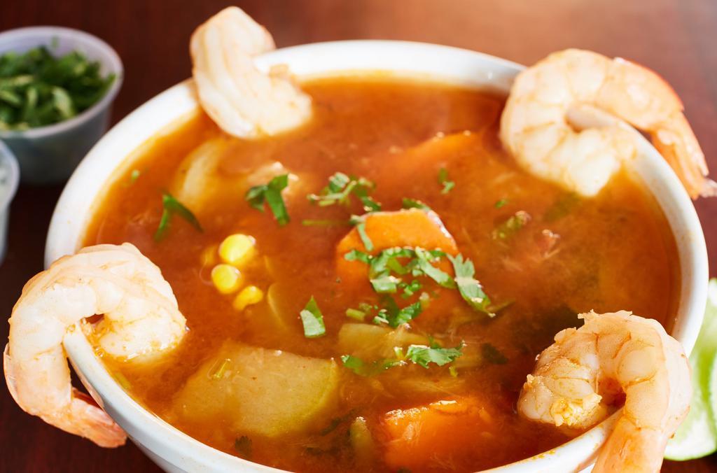 Shrimp Soup · With vegetables and tortillas.