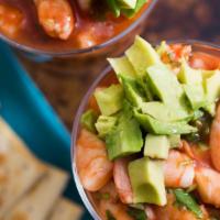 Shrimp Cocktail · Large shrimp in a tomato cocktail with diced avocado, onion, cilantro and tomato. Saltine cr...