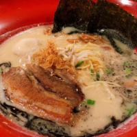 Tonkotsu Ramen · Topping of plain pork belly or chicken. Pork broth, green onion, spinach, sprout, half egg, ...
