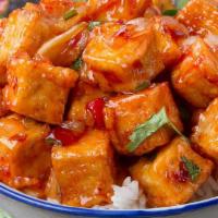 Spicy Orange Tofu 陈皮豆腐 · Fried tofu with spicy orange sauce.