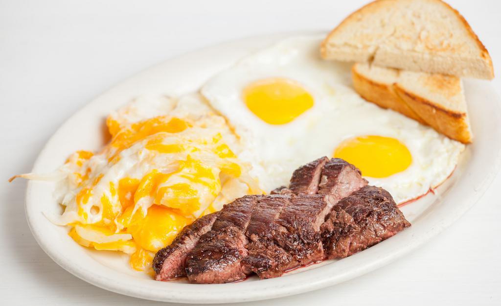Steak And Eggs · Served with house potato and toast.