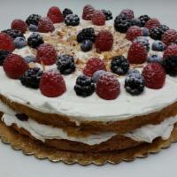 Gateau Triple Berry · Sponge cake, blackberry, blueberry, raspberry, whipped cream, almond.