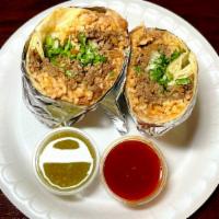 Burritos · Choice of meat, beans, rice, onion, cilantro, and red hot salsa or green mild salsa.