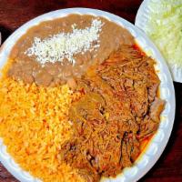 Birria Plate · Plate of birria served with beans, and rice. Comes with a side of onions, cilantro, spicy sa...
