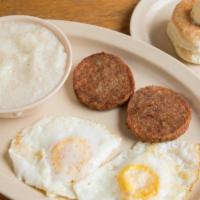 Chicken Sausage With Eggs · Two sausage patties, two eggs, grits and biscuit.