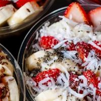 Açaí Bowl · Sixteen Ounces. Comes with strawberries, bananas, blueberries, granola, shredded coconut, co...