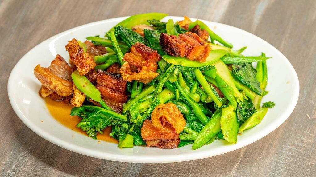 Ac08. Crispy Pork Or Roasted Pork With Chinese Broccoli · Deep fried pork with chinese broccoli and special sauce