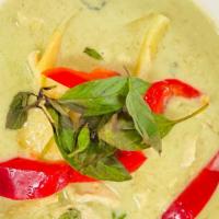  Green Curry · Spicy. Choice of meat in green coconut curry with bamboo shoots, and basil