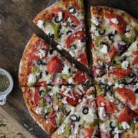 Greek Pizza · Feta cheese, red onions, bell peppers, black olives, and roma tomatoes.