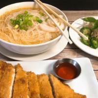 Crispy Chicken Pho · Onions, sprouts, cilantro and rice noodle in homemade chicken broth served with our signatur...