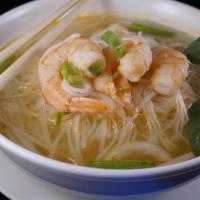 Shrimp Pho Noodle Soup · Shrimp, onions, sprouts, cilantro and rice noodle in homemade chicken broth. Gluten free.