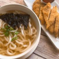 Udon Noodle Soup With Crispy Chicken · Udon noodle in soy based broth served with crispy chicken.