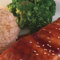 Power Salmon · Fresh grilled salmon topped with our homemade teriyaki sauce, served with brown rice and ste...