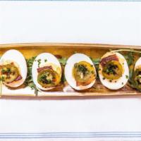 Mt Deviled Eggs · Gluten free. Bacon, pickled jalapenos and chili oil.