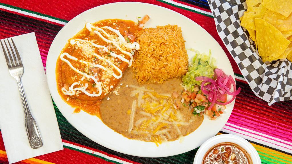 Uno-(1 Item) · Served with rice and beans. Choice of chicken, ground beef, chile Verde, or cheese.