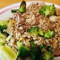 Pork, Beef, Chicken Or Tofu Fried  Rice · Pan-fried choice of meat, with broccoli, tomatoes, egg and onion.