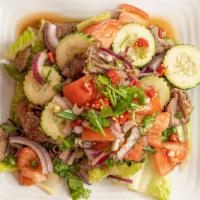 Grilled Beef /Pork Salad · Chef's recommendation. Lime seasoned salad tossed with grilled beef or pork, cucumber, tomat...