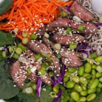 Ichiban Steak · Grass-fed Steak, Soba Noodles, Baby Spinach, Red Cabbage, Shredded Carrot, Edamame, Sesame S...