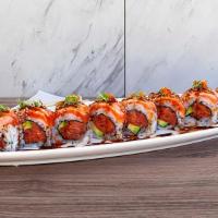 Rolls Royce · Spicy Tuna & Avocado Roll with Seared Salmon on top.