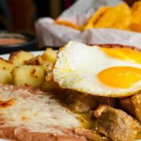 Chilaquiles  · Crispy corn tortilla pieces sautéed in green or red salsa topped with melted cheese. Served ...