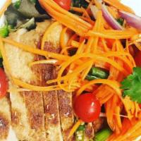 Grilled Chicken Salad · Spicy, gluten free. Grilled soy chicken on top of mixed green, onions, tomatoes, carrot, cil...