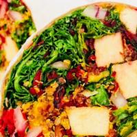 Kale Salad Wrap · Organic kale, Soy chicken, curry quinoa, red onions, sliced raw almonds, dried cranberries, ...