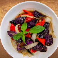 Spicy Eggplant · Spicy, gluten free. Eggplant, onions, garlic, sweet basil, bell peppers sauteed with garlic ...
