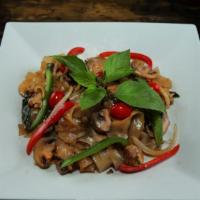 Spicy Noodle · Spicy, gluten free. Stir fried flat rice noodles, mushrooms, onions, tomatoes, bell peppers,...