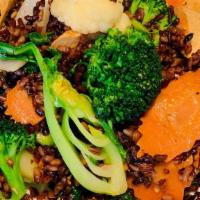 Veggie Fried Rice · Gluten free. Brown rice, broccoli, Napa cabbage, carrots, cauliflower, onions, bok choy, sna...