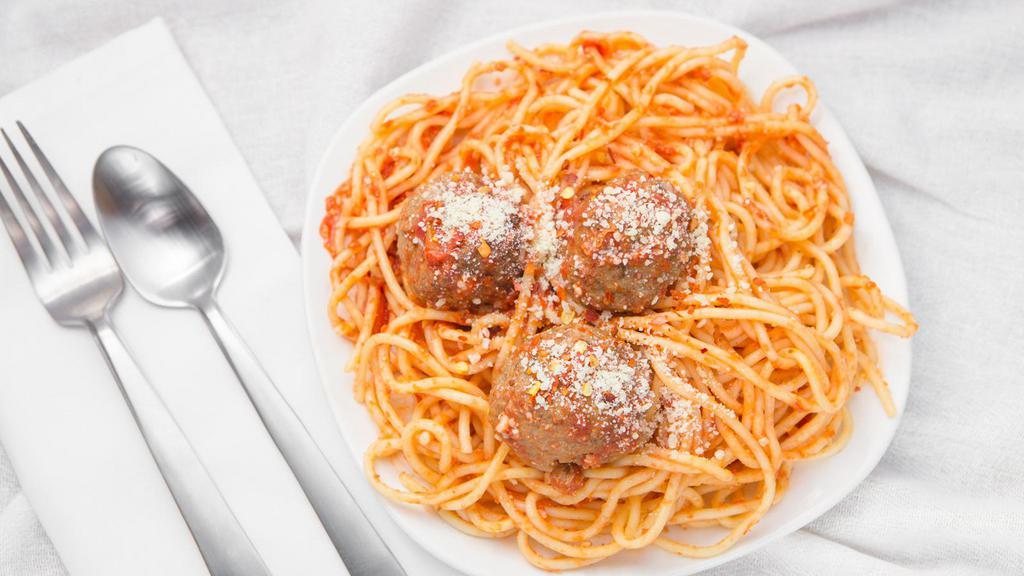 Spaghetti · With meatballs, sausage or meat sauce w/marinara sauce.