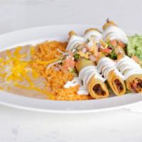 3 Flautas · Your choice of chicken or steak in three deep fried taquitos with cheese, sour cream, guacam...