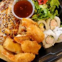 Box 1 · Fried fish one piece rice / salad, call roll four, potstickers two, egg roll two, fried shri...