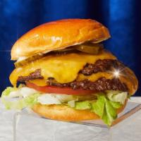 Double Smash Cheeseburger · Two smash burger patties with cheddar cheese, lettuce, tomatoes, onion, pickles, and mayo.