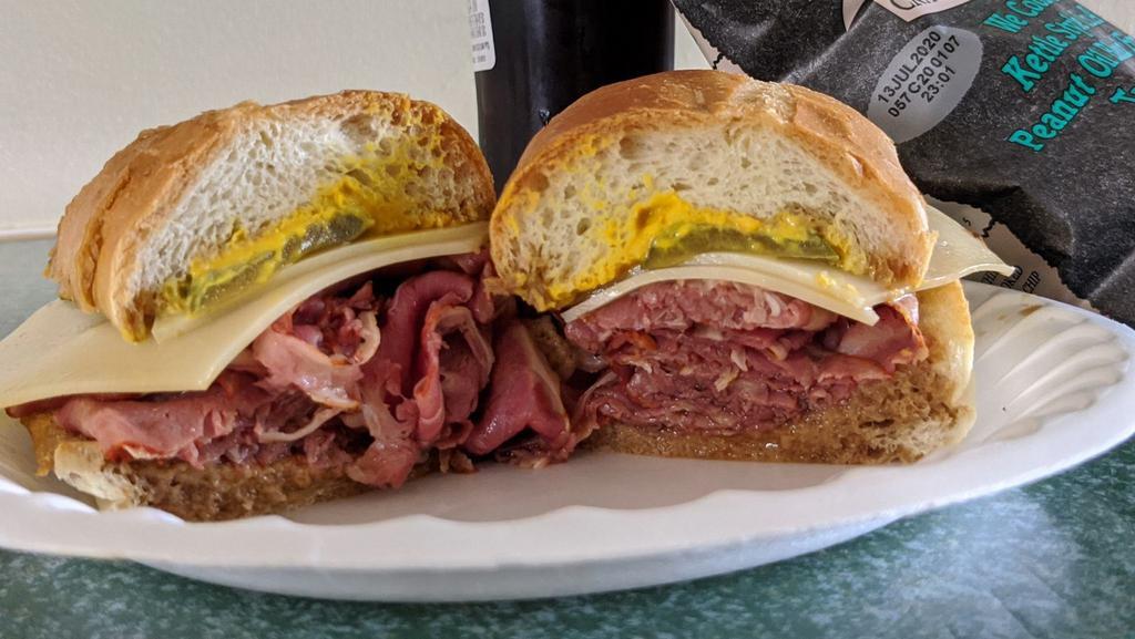 Pastrami Dip · Thinly sliced pastrami simmered in a jus and served on a french roll. Choice of mustard, mayonnaise, pickles, and onions.