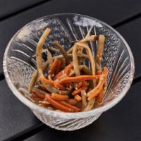 Kinpira Gobo · Burdock roots and carrots tossed in bonito sauce.